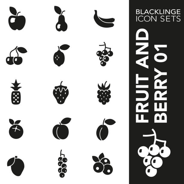 ilustraciones, imágenes clip art, dibujos animados e iconos de stock de conjunto de iconos en blanco y negro de frutas y bayas 01 - plum grape fruit clip art