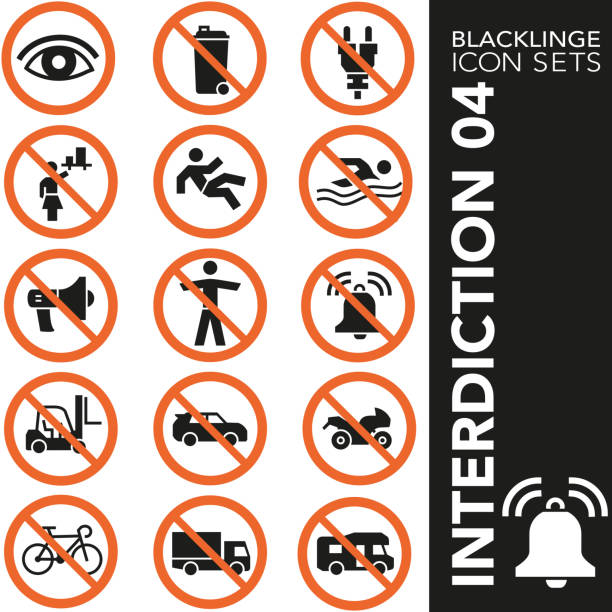 Black and White icon set of Interdiction 04 High quality black and white icons of no symbols and Interdiction. Blacklinge are the best pictogram pack unique design for all dimensions and devices. Vector graphic, logo, symbol and website content. no cycling sign stock illustrations