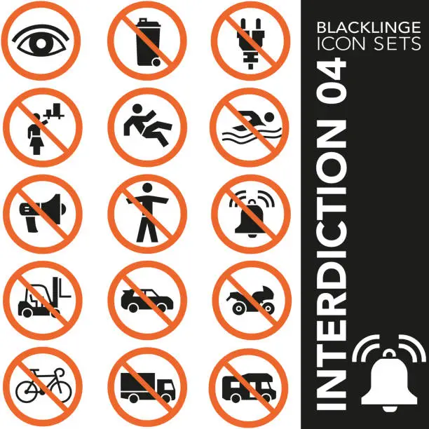 Vector illustration of Black and White icon set of Interdiction 04