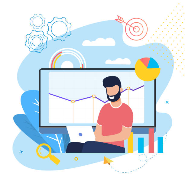 Successful Development and Growth Project Cartoon. Successful Development and Growth Project Cartoon. Man with Laptop is Working on Analysis These Indicators. Manager Rejoices at Progressive Indicators Company Performance Growth Flat. kpi-indicators stock illustrations