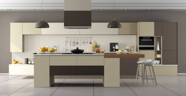 istock Beige and brown modern kitchen with island 1155156805