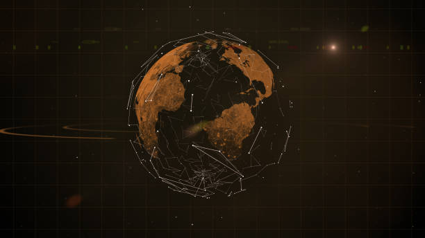 istock Mysterious transparent brown mainlands planet with orbit floating in dark space nebula. 1155157972