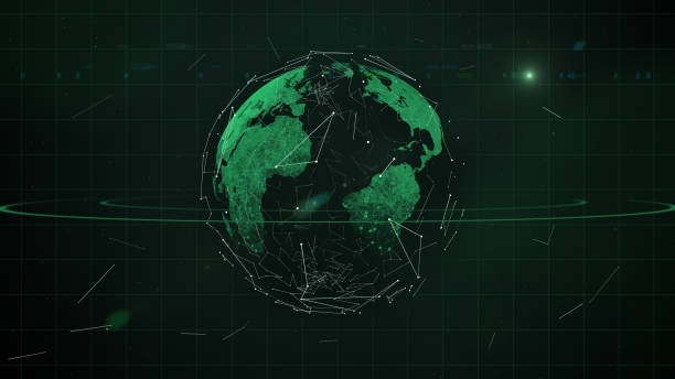 istock Blockchain network - Abstract connected dots on bright green planet in space. 1155158006