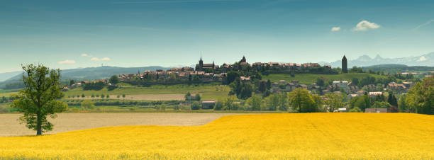 panorama view of the village of romont in switzerland with the alps in the background - fribourg canton imagens e fotografias de stock