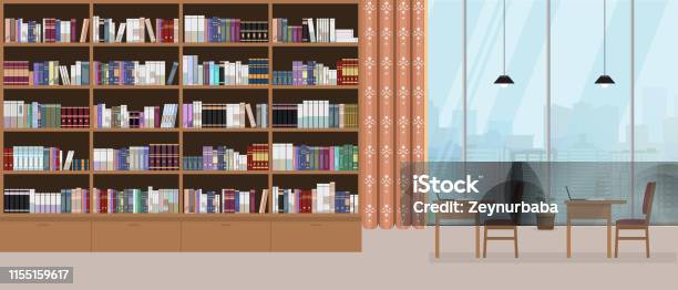 Modern Library Interior With Grand Bookshelf And Large Window With Cityscape On Background Vector Illustration Stock Illustration - Download Image Now