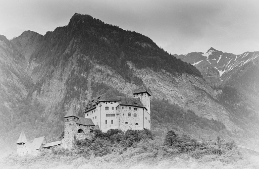 Balzers, FL / Liechtenstein - 9 June 2019: horizontal view of the historic Gutenberg Castle in the village of Balzers in the Principality of Liechtenstein