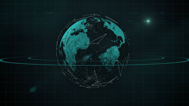 Mysterious transparent blue mainlands planet with orbit floating in dark space nebula. An extravagant geometric decorative space background. giant cube stock pictures, royalty-free photos & images