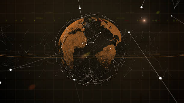 istock The abstract shooting stars or falling meteor rain background. Gold continents planet surrouded by the virtual blockchain orbit. 1155161251