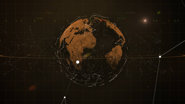 istock Blockchain network - Abstract connected dots on bright gold planet in space, with orbit of geometric particles floating around it. 1155161264