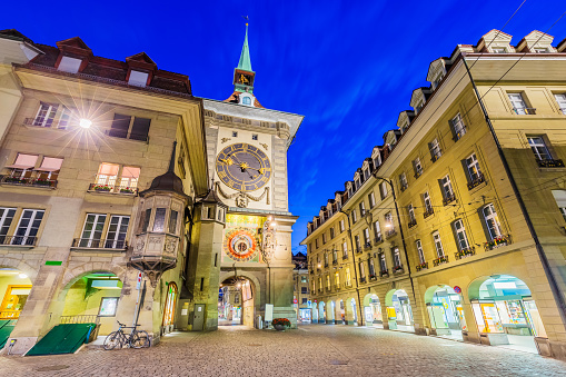 Bern, Switzerland. Zytglogge clock tower on Kramgasse street in the old city.