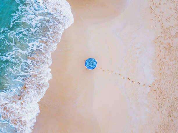 kreative bunte aufnahme von sonnenschirm in der nähe von ozeanwelle von oben - footprint sand sea beach stock-fotos und bilder