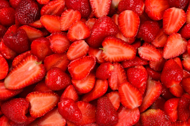 istock Strawberry slices. Fresh berries macro. Fruit background. Top view. 1155163077