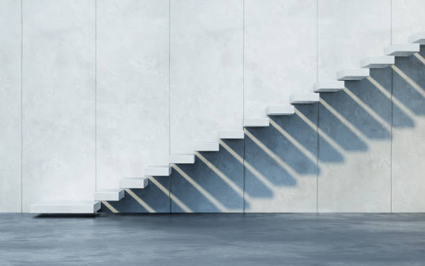 escaleras que conducen hacia arriba, renderizado 3d - focus on shadow staircase industry shadow fotografías e imágenes de stock
