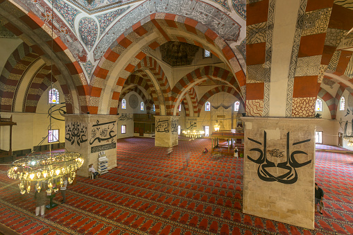 historical old ottoman mosque Eski Cami from 15th century with arabic caligraphy of edirne Turkey