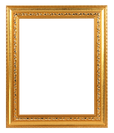 Empty golden photo frame isolated on pure white background.