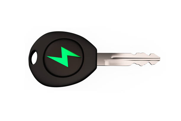 Electric car key with green lightning bolt sign, horizontal, top view, isolated on white background. 3D illustration.