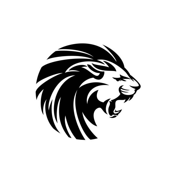 roaring lion head black and white vector design furious wild lion with flying mane - roaring animal profile head black and white vector design lion animal head mascot animal stock illustrations
