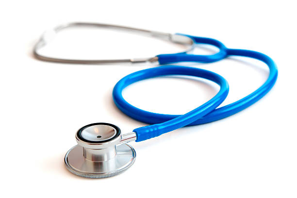 Blue stethoscope against a pure white background