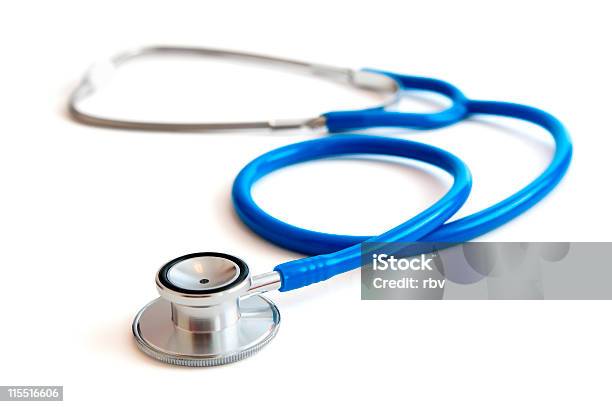 Blue Stethoscope Against A Pure White Background Stock Photo - Download Image Now - Stethoscope, White Background, Cut Out
