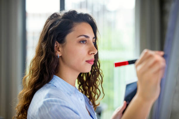 istock Female professional writing on a whiteboard 1155168335