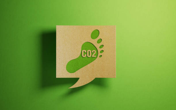 carbon footprint icon on a chat bubble which is made of recycled paper over green background - recycling carbon footprint footprint sustainable resources imagens e fotografias de stock