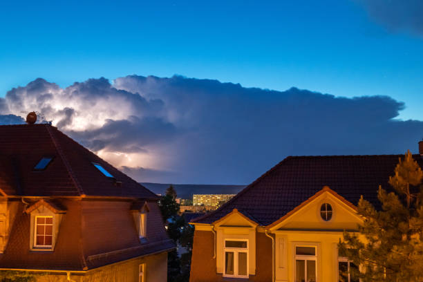 Weimar, Germany: Lightning during a thunderstorm in the city.