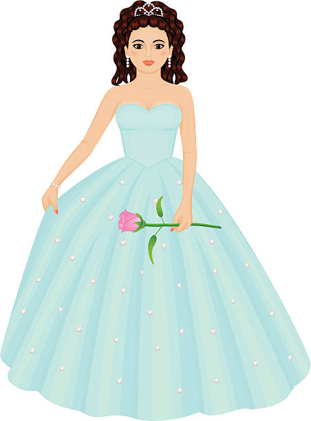 Quinceanera Girl A Latina girl dressed for her Quinceanera. She wears a blue gown that sparkles with rhinestones and holds a pink rose. She has a tiara in her curly dark hair. Radial gradients used. Also included illustrator cs2 version in zip file. princess crown tiara prom stock illustrations