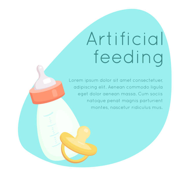 Frame with flat illustration of baby bottle with milk, pacifier and place for text. Artificial feeding of babies. Object is separate from background. Child cartoon illustration Frame with flat illustration of baby bottle with milk, pacifier and place for text. Artificial feeding of babies. Object is separate from background. Child cartoon illustration for cards, invitations nurse borders stock illustrations