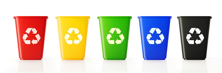 Color coded garbage bins with recycling symbols on white background. Horizontal composition with copy space.