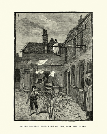 Vintage engraving of Victorian London, Rahn's Court in the East End, 19th Century, 1886