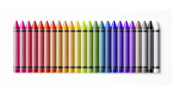 Colorful crayons on white background. Horizontal  composition with copy space.