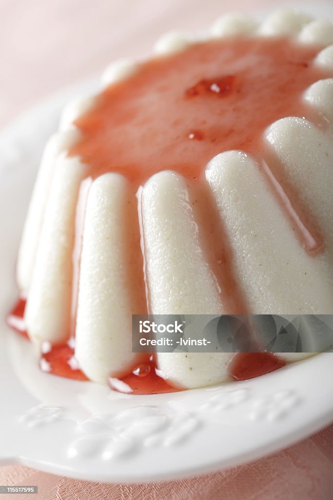 Semolina pudding Semolina pudding with strawberry jam closeup Childhood Stock Photo