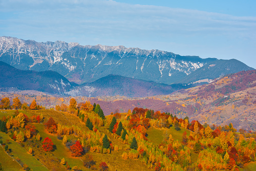 horizontal nature background of hills and mountains in autumn day.