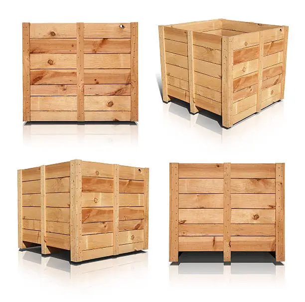 Includes an outline path and a path around the shadows. A wooden crate shown in all four angles with a realistic shadow and reflection incorporated. High resolution and easy to edit.