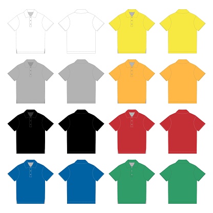Set of polo t-shirt design template. Front and back vector. Technical sketch unisex polo t shirt. White, gray, black, blue, yellow, red, green colors. Vector illustration