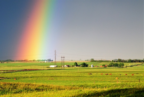 Vibrant Rainbow Over Rural Landscape