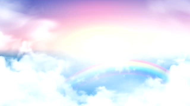 Flying over the timelapse clouds with the afternoon sun. Seamlessly looped animation. Flight through moving cloudscape with beautiful rainbow.