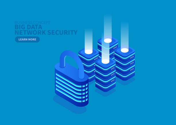 ilustraciones, imágenes clip art, dibujos animados e iconos de stock de seguridad de la red de bloqueo y big data - connection the media isometric computer network