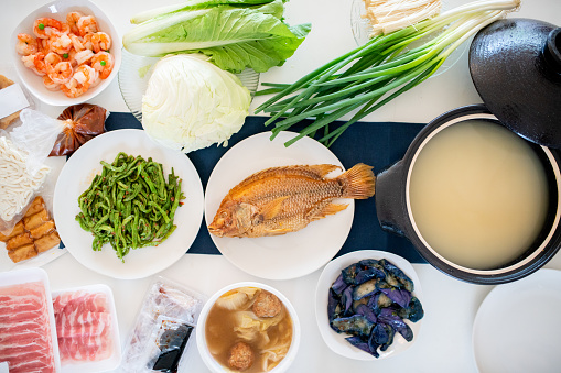 Aerial view of ingredients as part of a traditional Chinese New Year Dinner. Taipei, Taiwan