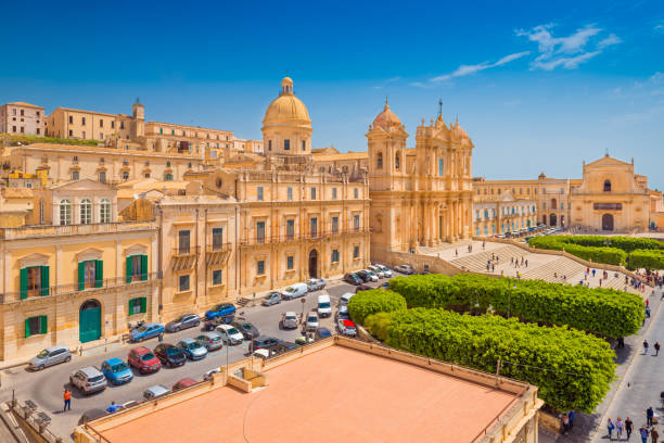 Beautiful city of Noto, Italian Baroque Capital. View of the Cathedral in the city center. Province of Syracuse, Sicily, Italy stock photo