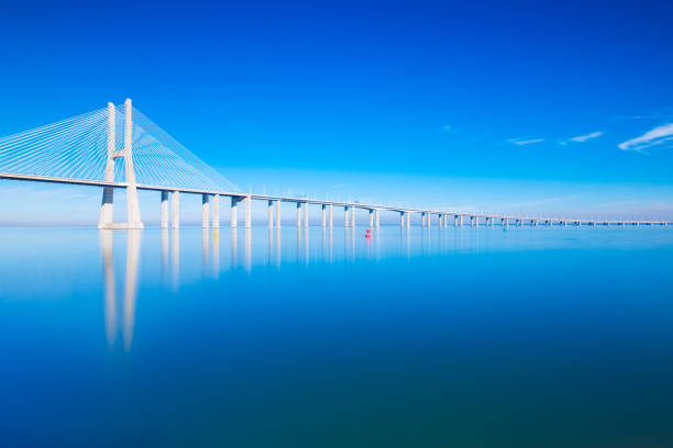 istock Vasco da Gama Bridge mirrored on water, Lisbon, Portugal 1155192303