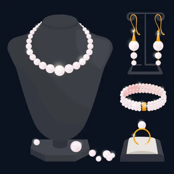 Vector illustration of Pearl jewerly vector collection - necklace, earrings, ring and bracelet