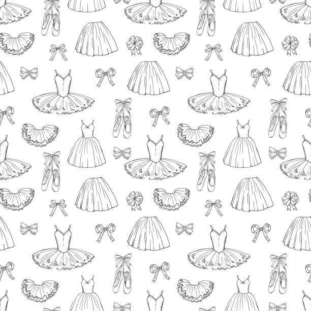 Hand sketched vector ballet dresses and shoes seamless pattern Hand sketched vector ballet dresses and shoes seamless pattern. Ballet dress and tutu, skirt classic illustration ballet dancing stock illustrations