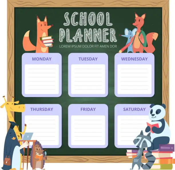 Vector illustration of Planner for kids. School personal list organization for week funny cartoon animals illustrations vector
