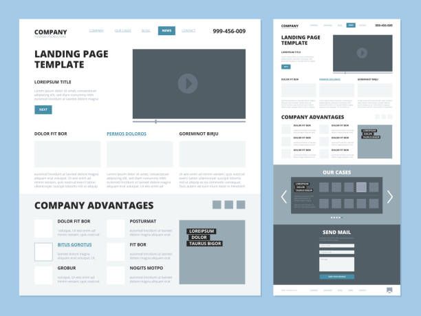 ilustrações, clipart, desenhos animados e ícones de modelo de página de destino. layout do site elementos de design rodapé cabeçalho menu navegação wireframe para páginas da internet vector ui aterragem - web design