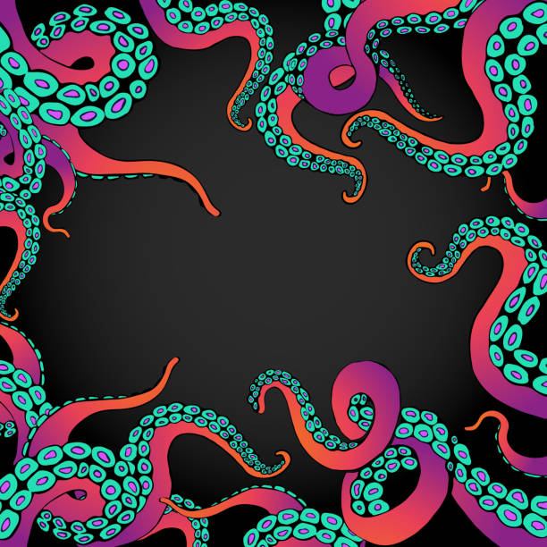 istock Futuristic  page template with colorful tentacles of an octopus frame, ocean motive flat cute cartoon illustration for web and print, cute decoration. 1155194951