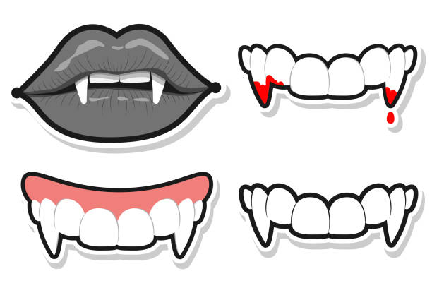 Vampire teeth and lips for Halloween. Vector cartoon set isolated on a white background. Vampire teeth and lips vector cartoon set. vampire illustrations stock illustrations