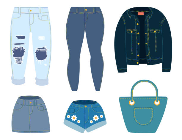 illustrazioni stock, clip art, cartoni animati e icone di tendenza di jeans, giacca, pantaloncini, gonna e borsa. abiti vettoriali in denim cartoon isolati su sfondo bianco. - skirt women jeans white