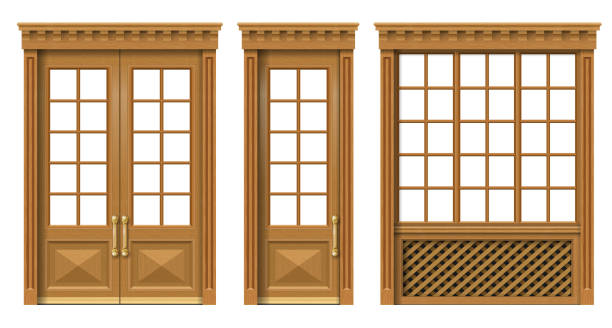 illustrazioni stock, clip art, cartoni animati e icone di tendenza di set di porte e finestre in legno classico - textured gold backgrounds architecture and buildings