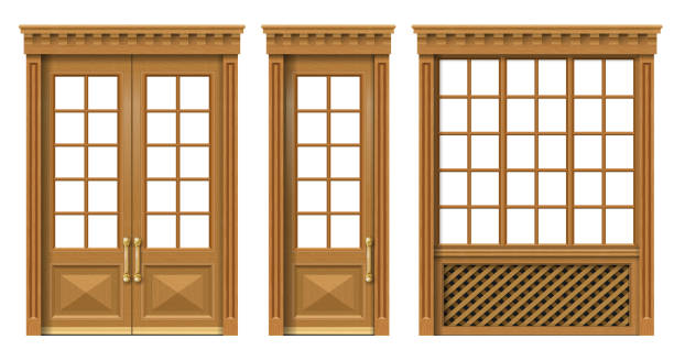 Set of classic wooden doors and windows Vector. A set of classic wooden doors and windows. Templates for design. Joiner's vintage and furniture facade store old built structure stock illustrations